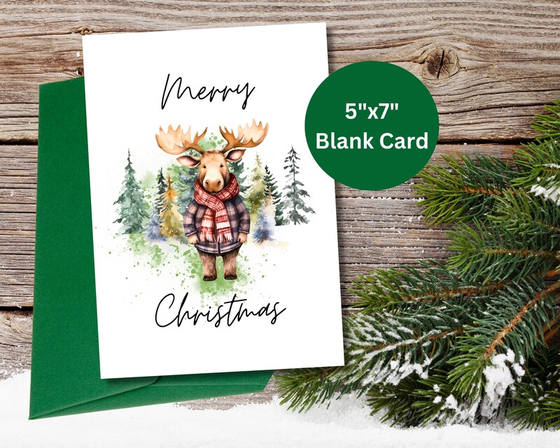 Christmas Moose Card, Moose in Plaid Christmas Card, Moose in Woods Christmas Card, Watercolor Moose Christmas Card,Plaid Moose Holiday Card